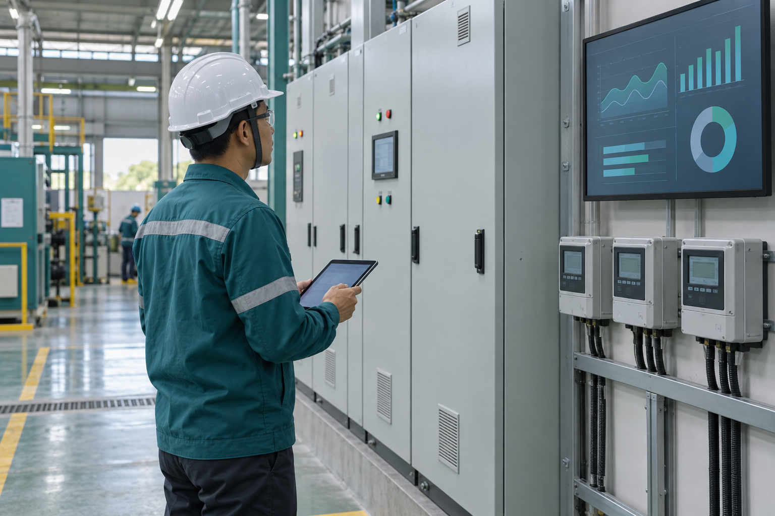 Illustrative technician reviewing industrial energy meters