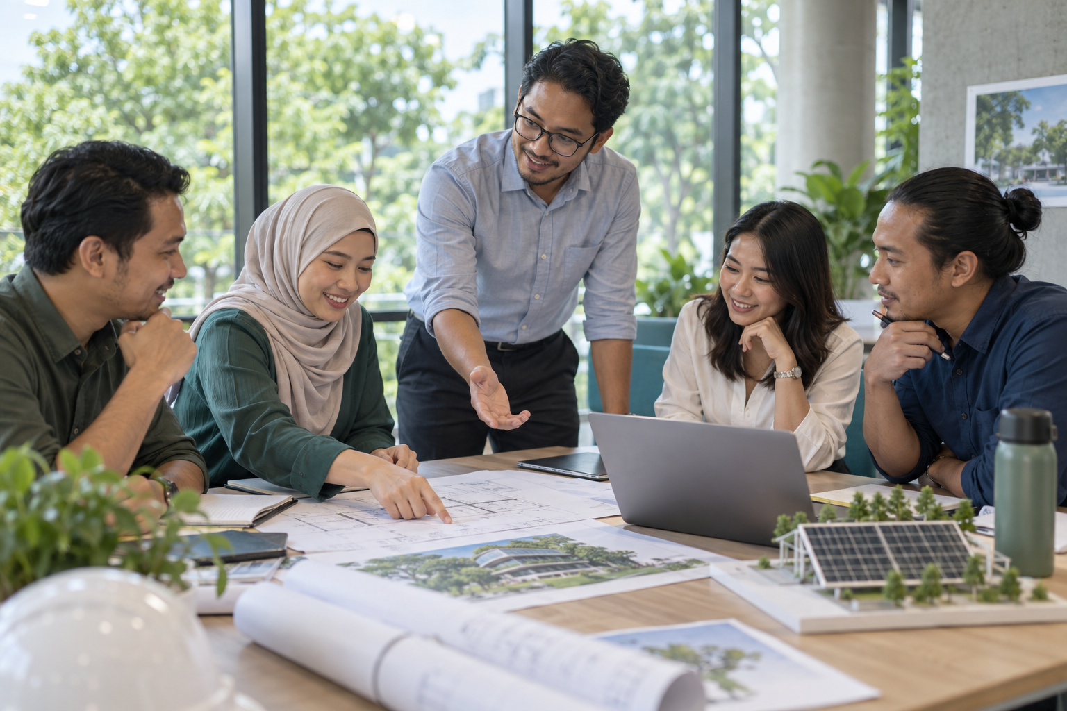Illustrative business team discussing a green project