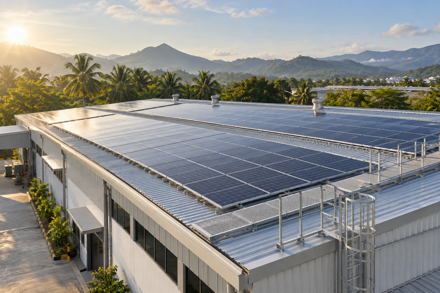 Illustrative rooftop solar installation on an industrial building